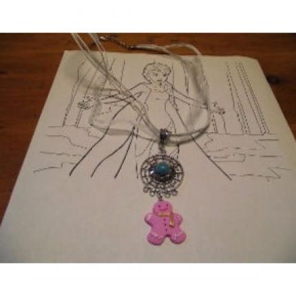 Collier organza blanc pendentif perle turquoise-breloque pain d épice rose