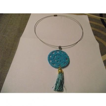 Collier Tour de cou Cordon en Métal 1mm Gris attrape-reve bleu-pompon à frange bleue