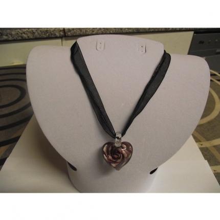 Collier-Murano-coeur fleur rose-noir