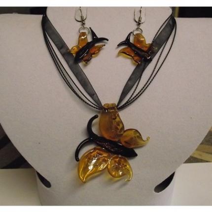 Parure -Murano-noir-jaune-forme papillon